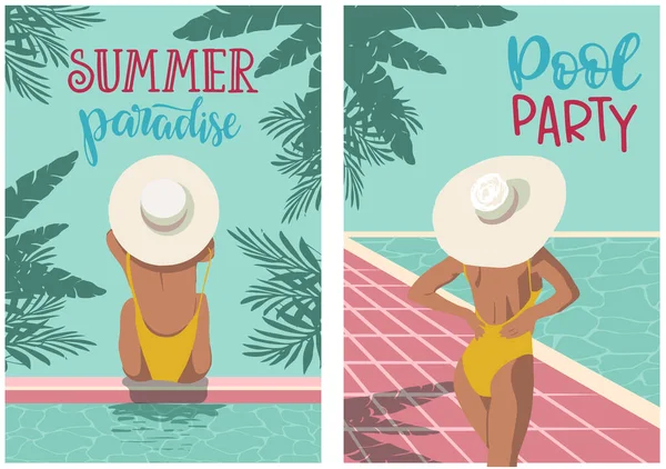 プールの水の近くでリラックスした大規模なフィールドで帽子の少女のバックビュー レジャーや旅行のウェブサイトのデザインのためのポスター バナーやデザインの概念に適しています — ストックベクタ