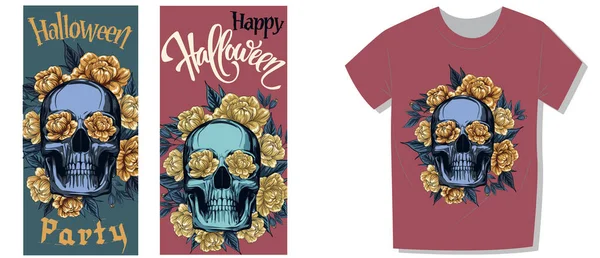 Halloween Party Designset Totenkopf Aus Metall Mit Goldenen Rosen Blumenkranz — Stockvektor