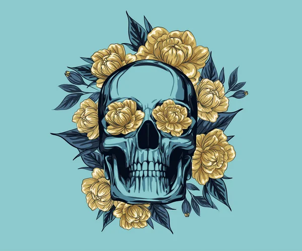 Metallschädel Mit Floralem Kranz Aus Goldenen Rosen Vektor Illustration Des — Stockvektor