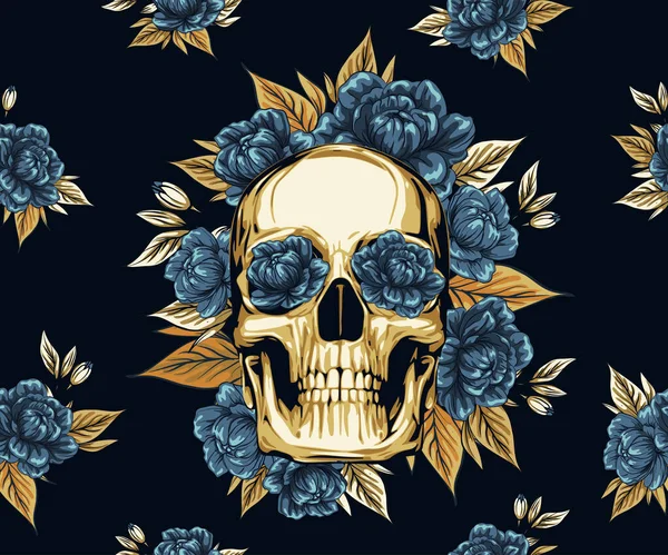 Motif Tissu Crâne Métallique Avec Des Roses Dorées Couronne Florale — Image vectorielle