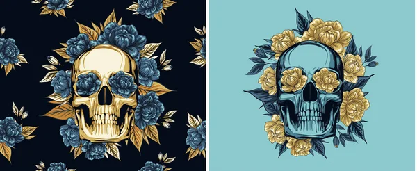 Metal Skull Floral Golden Roses Wreath Vector Illustration Day Dead — 스톡 벡터