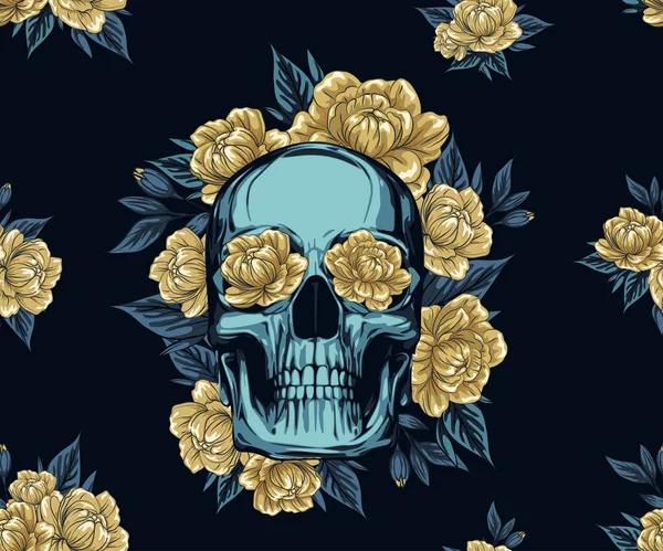 Motif Tissu Crâne Métallique Avec Des Roses Dorées Couronne Florale — Image vectorielle