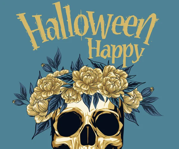 Halloween Party Banner Metall Totenkopf Mit Goldenen Rosen Blumenkranz Für — Stockvektor