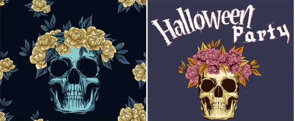 Metal Skull Floral Golden Roses Wreath Vector Illustration Day Dead — стоковий вектор