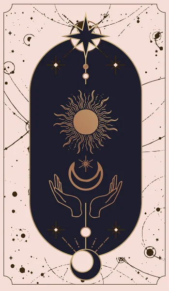 Güneş Tarot Kartları Basit Ezoterik Boho Stili Eller Arkaplan Poster — Stok Vektör