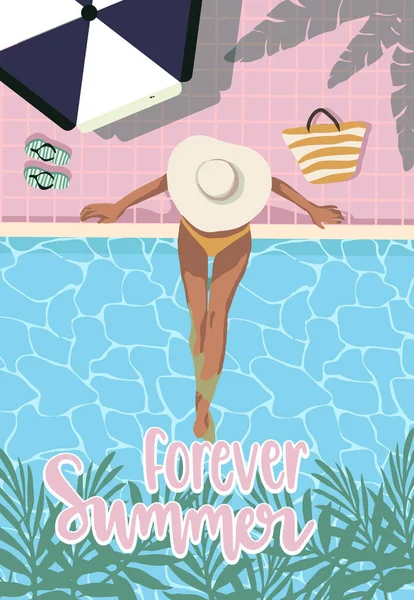 Žena Klobouku Bazénu Cartoon Vector Illustration Summer Time Poster Plochý — Stockový vektor