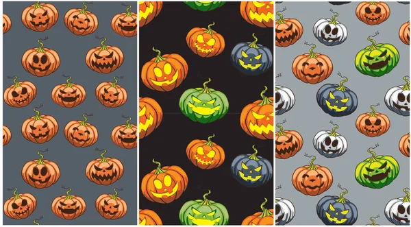 Nahtlose Muster Mit Halloween Deko Kürbisse Lustige Und Gruselige Gesichter — Stockvektor