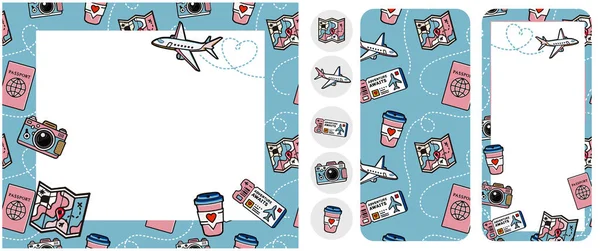 Set Travel Pack Sticker Wanderlust Flybilletter Pas Kaffe Til Turen – Stock-vektor
