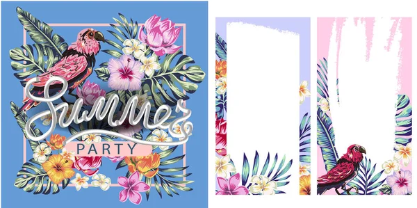 Tropische Blumen Und Palmen Sommer Banner Grafischer Hintergrund Exotisch Platz — Stockvektor