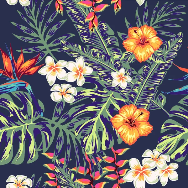 Fondo Tropical Con Hojas Palma Flores Exóticas Brotes Plantas Adecuado — Vector de stock