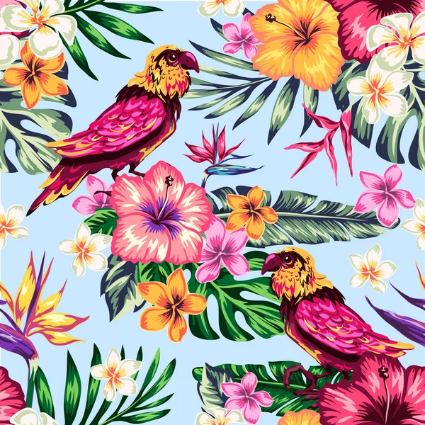 Fondo Tropical Con Hojas Palma Flores Exóticas Loro Rosa Adecuado — Vector de stock