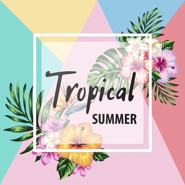 Tropische Bloemen Palmbladeren Zomer Banner Grafische Achtergrond Exotische Bloemen Uitnodiging — Stockvector