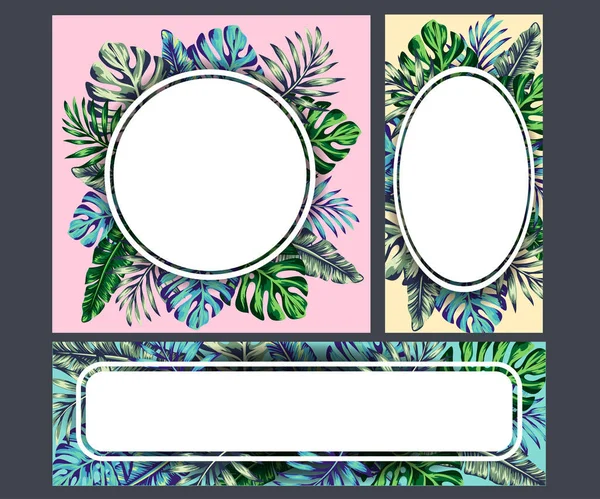 エキゾチックな花やヤシの葉を持つ熱帯コレクションデザイン ポスター バナー ソーシャルネットワークへの投稿のためのデザインテンプレート — ストックベクタ