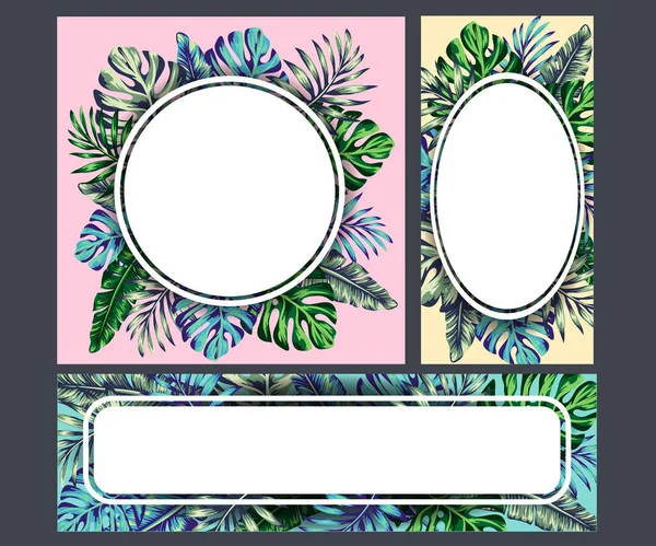 Coleção Tropical Com Flores Exóticas Folhas Palma Design Fundo Modelo —  Vetores de Stock