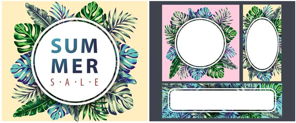Tropische Kollektion Mit Exotischen Blumen Und Palmblättern Design Hintergrund Design — Stockvektor