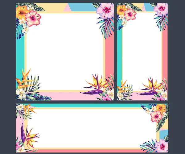 エキゾチックな花やヤシの葉を持つ熱帯コレクションデザイン ポスター バナー ソーシャルネットワークへの投稿のためのデザインテンプレート — ストックベクタ