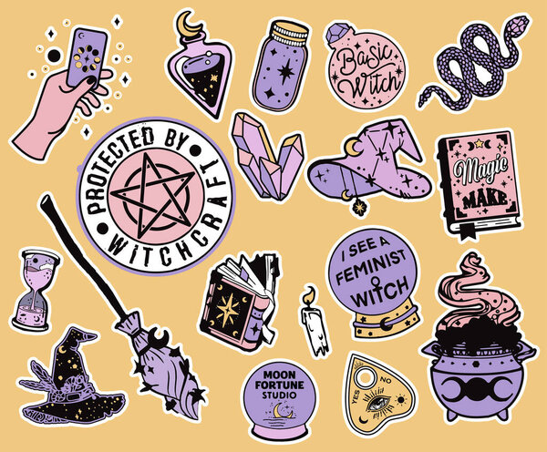 Witchcraft elements set in hand drawn style. Black magic collection. Isolated wizard accessories - witch hat, broom, cauldron, potion bottles. Esoteric and mystery symbols for stickers, badges, print