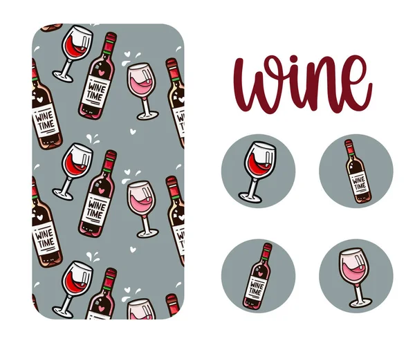 Verschiedene Sorten Von Rotwein Und Licht Gezeichneten Flaschen Cartoon Stil — Stockvektor
