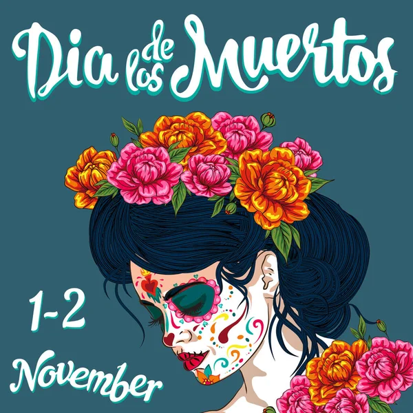 멕시코 연휴의 디아데 무에르 Dia Los Muertos 포스터 플래그와 이야기를 — 스톡 벡터