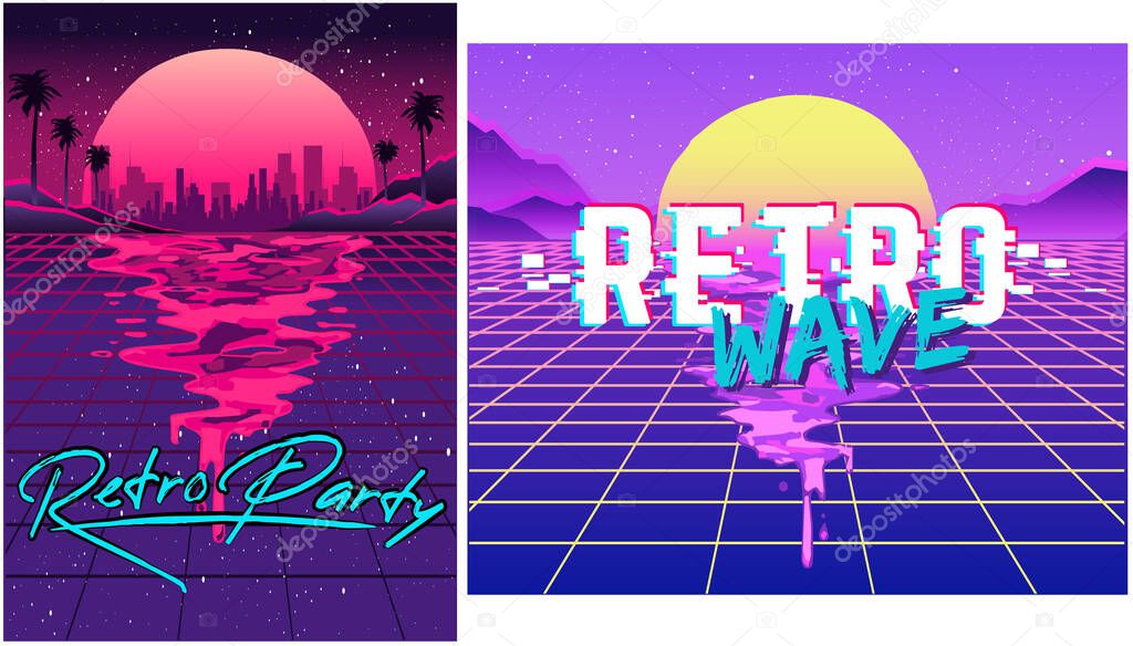 Retro 80s wave space, 1980s retro futuristic style background, digital landscape in the cyber world. For use as a cover for a music album. Suitable for any 80s style print design