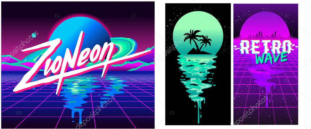 80s retro wave space, Vintage style poster for retro party banner, invitation, flyer, advertisement. Vector illustration of retro disco and dance.