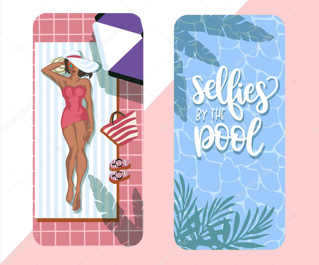  Concept Of Summer Vacations. woman in a hat by the pool. Toys For Active Spend Time And Summer Vacations In The Pool. Cartoon Flat Vector Illustration