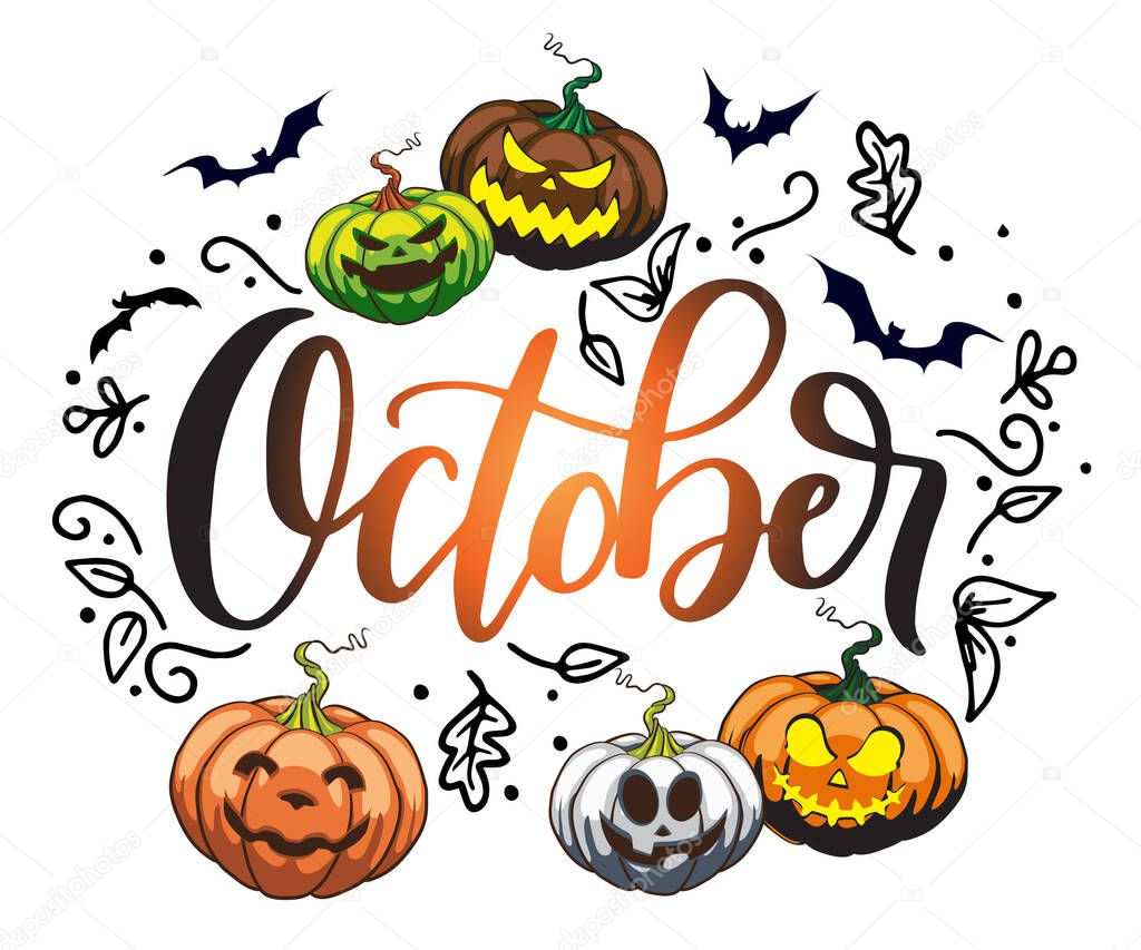 Lettering October decorated with the theme of autumn Halloween with pumpkin lanterns. , Halloween night background with pumpkin. Idea for flyers and banners, creative illustration design