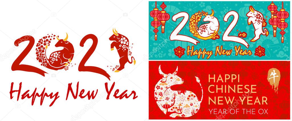 Happy chinese new year 2021 Zodiac sign, year of the ox, red and gold paper cut ox character, flower and Asian elements with craft style on background, Christmas taming for Asian new year, greeting car