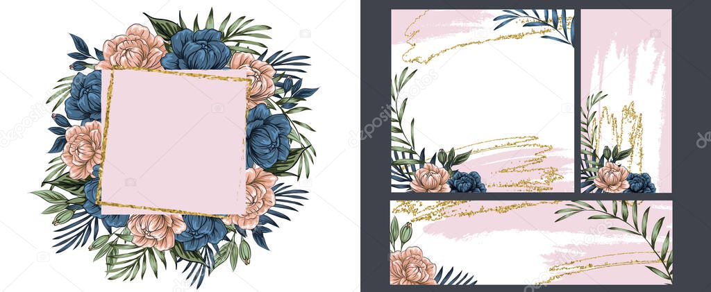 template for social networks stories and posts, blot boho flowers with gold foil. Set of story and post square frame. Mockup for advertising. Design backgrounds for social media.