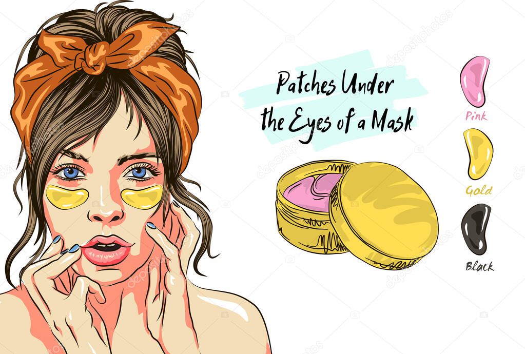 Attractive girl applies Patches for the care of the skin around the eyes: eye patches for puffiness, wrinkles, dryness and dark circles under the eyes. Cosmetic product for the skin.