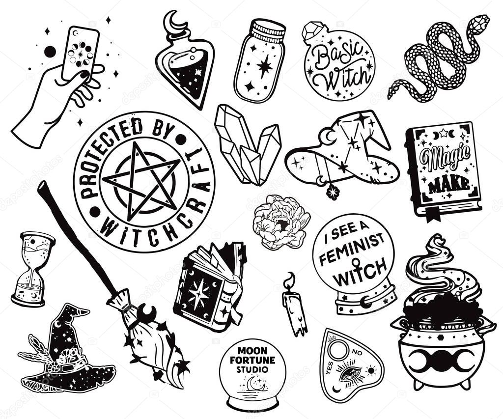 Witchcraft elements set in hand drawn style. Black magic collection. Isolated wizard accessories - witch hat, broom, cauldron, potion bottles. Esoteric and mystery symbols for stickers, badges, print