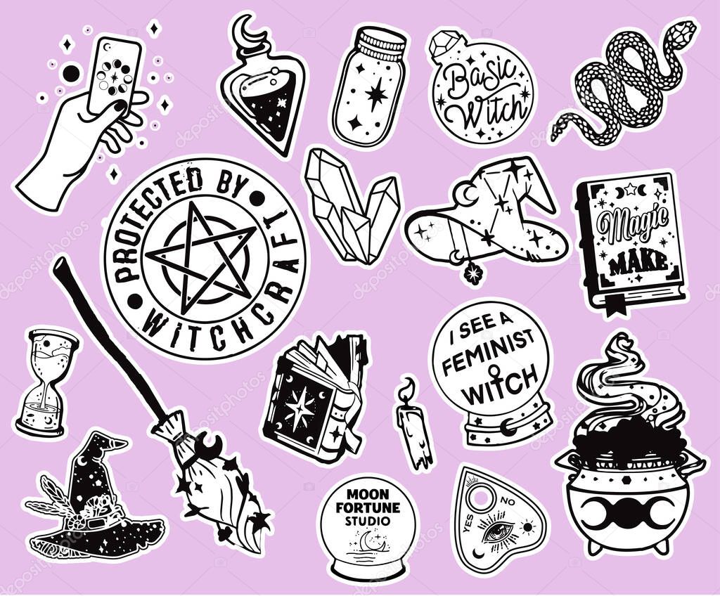 Witchcraft elements set in hand drawn style. Black magic collection. Isolated wizard accessories - witch hat, broom, cauldron, potion bottles. Esoteric and mystery symbols for stickers, badges, print