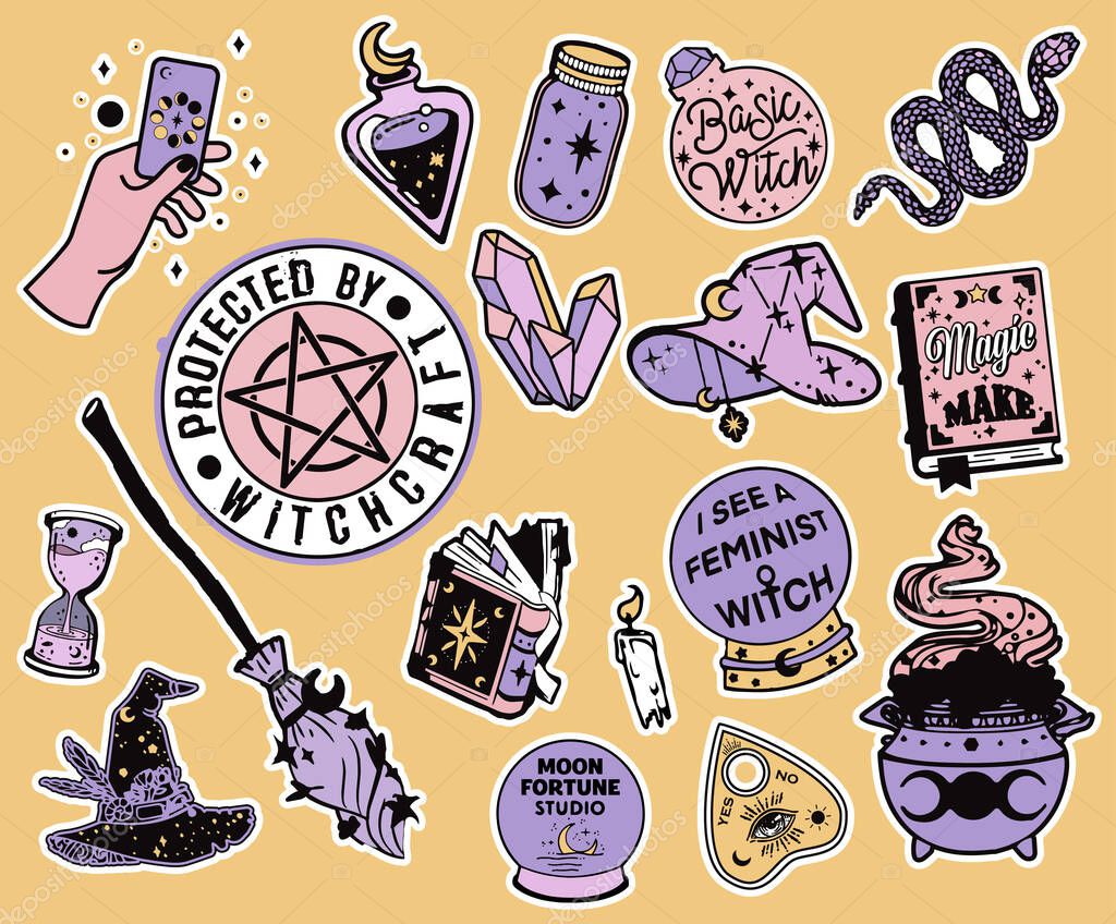 Witchcraft elements set in hand drawn style. Black magic collection. Isolated wizard accessories - witch hat, broom, cauldron, potion bottles. Esoteric and mystery symbols for stickers, badges, print