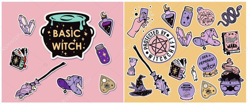 Witchcraft elements set in hand drawn style. Black magic collection. Isolated wizard accessories - witch hat, broom, cauldron, potion bottles. Esoteric and mystery symbols for stickers, badges, print