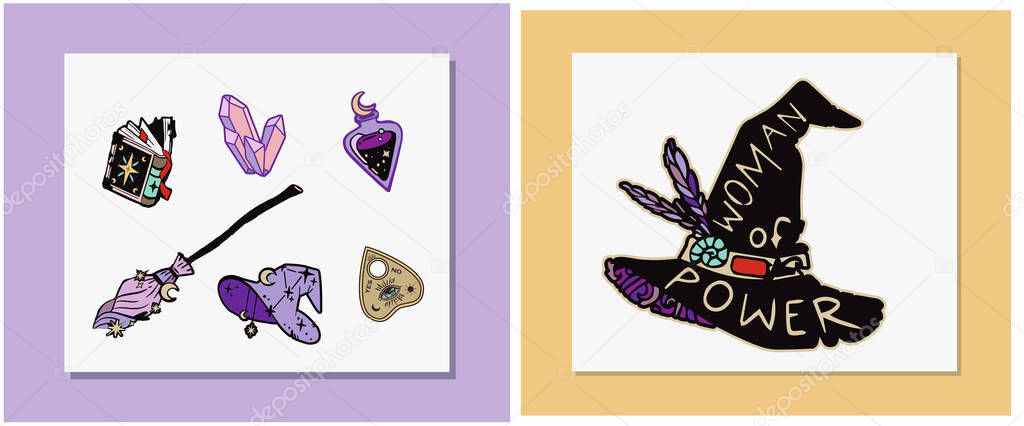Witchcraft, magic background for witches and wizards. Wicca and pagan tradition. Vector vintage collection. Hand drawn elements: candles, book of shadows, potion, tarot cards etc