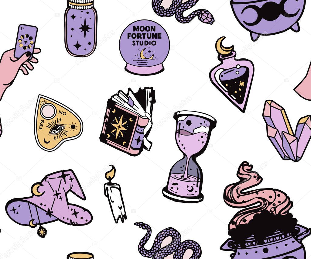 Vector magic witch seamless pattern. Witchcraft background, esoteric boho style,  Witchcraft, magic background for witches and wizards. Hand drawn magic tools, concept of witchcraft.