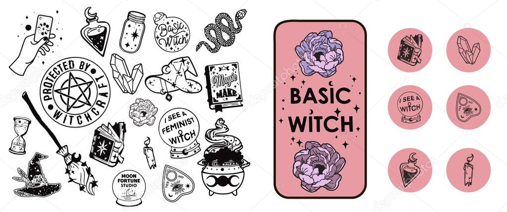 Instagram Story Highlight Icons black and white magical witchcraft alternative minimalist fashion lifestyle blogger, Social Media Kit Templates Lifestyle Magic Witchcraft Alternative