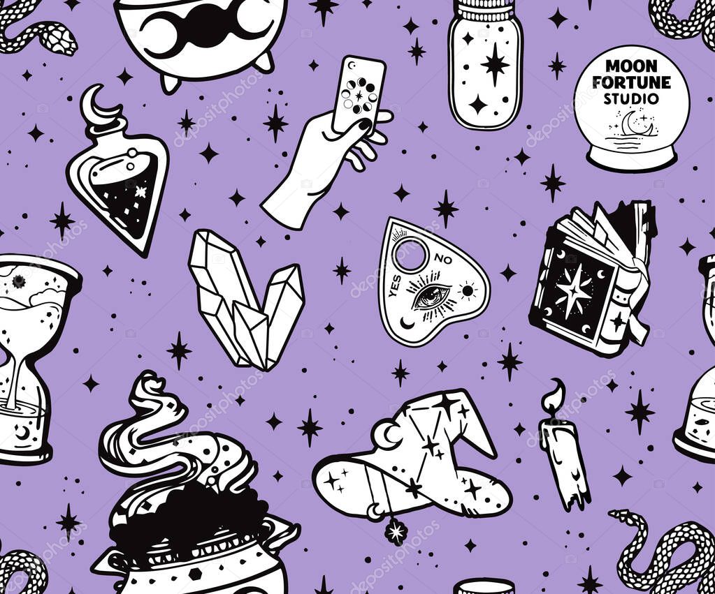 Vector magic witch seamless pattern. Witchcraft background, esoteric boho style,  Witchcraft, magic background for witches and wizards. Hand drawn magic tools, concept of witchcraft.