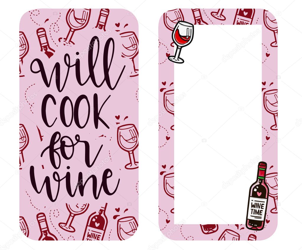 Will Cook For Wine , wine red and light in drawn bottles cartoon style, Vector set of social media templates.  banners for posts and stories. Idea for brochures and banners. Vector design