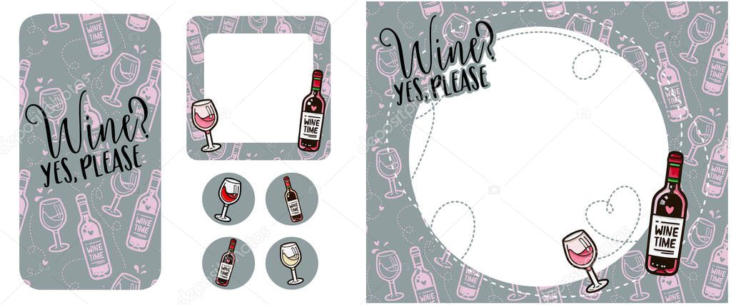 different varieties of wine red and light in drawn bottles cartoon style, Editable templates for social media stories. to combine with your photos. Place for your photo and text. Idea for brochures and banners. Vector design