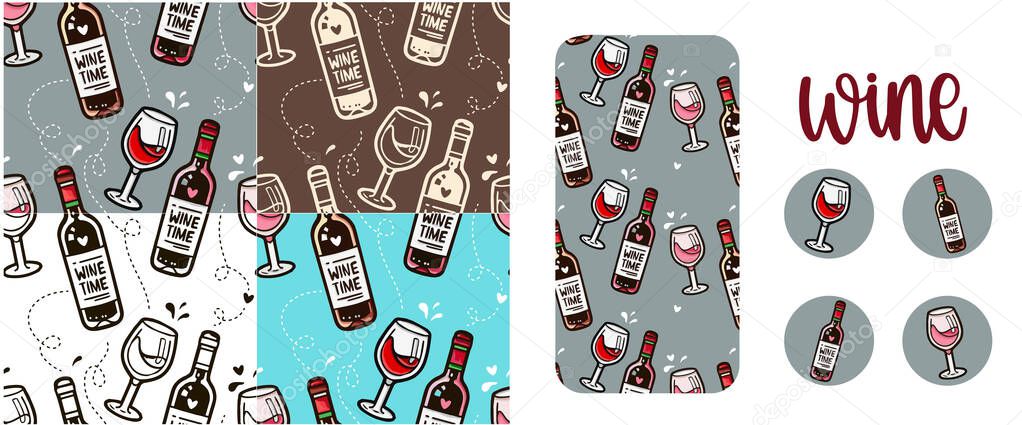 pattern different varieties of wine red and light in drawn bottles cartoon style, Editable templates for social media stories. to combine with your photos. Place for your photo and text. Idea for brochures and banners. Vector design
