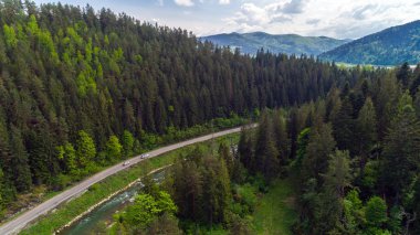 Yaz aylarında dağ yolu havadan görünümü