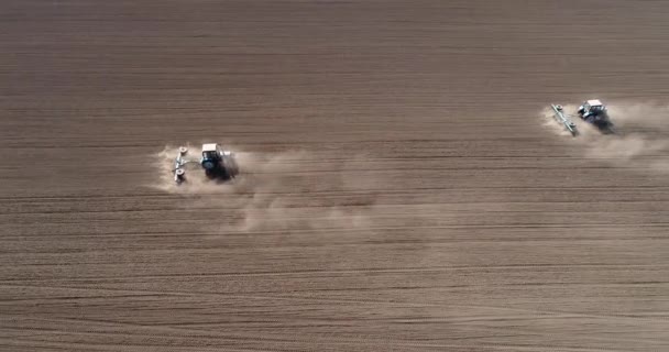 Aerial View Agricultural Tractors Cultivating Field — Stock Video