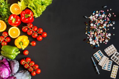 Sağlıklı bir yaşam tarzı ve ilaçlar sebze veya hap.