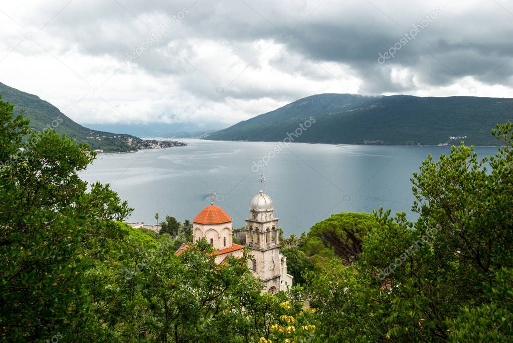 Dormition Church of Savina Orthodox monastery in Herceg Novi coastal town at the entrance to Kotor Bay in Montenegro.