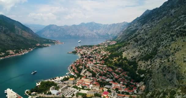 Aerial beautiful View of Kotor bay. Cruise ship docked in beautiful summer day. — Stock Video