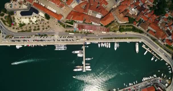 Hava üst görüntülemek eski kasaba Kotor ve Boka Kotorska bay Adriyatik Denizi üzerinde yaz aylarında. Kotor Körfezi Adriyatik Denizi üzerinde en popüler yerlerden biri — Stok video