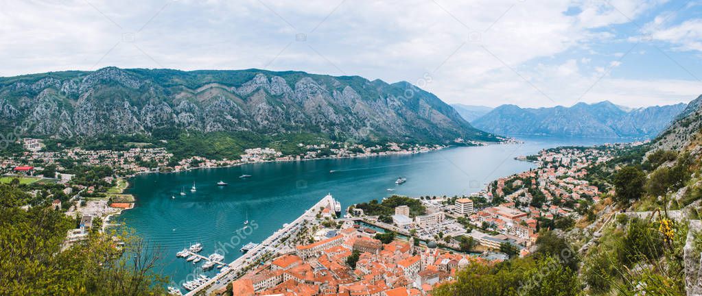Panoramic View of kotor old town from Lovcen mountain in Kotor, Montenegro. Kotor is part of the unesco world