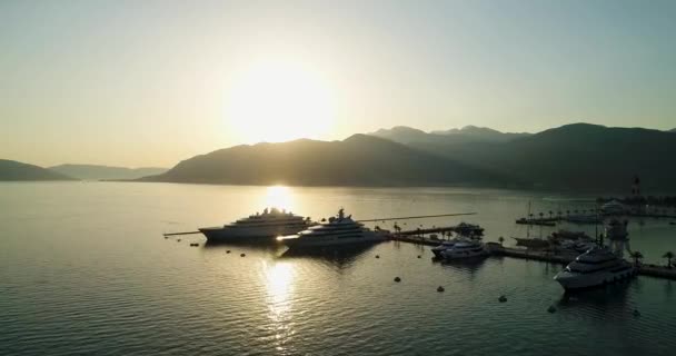 Luftaufnahme Des Abends Porto Montenegro Tivat Blick Auf Luxus Yachthafen — Stockvideo