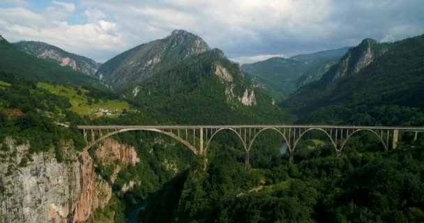 Luchtfoto van Durdevica Tara boog brug in de bergen, één van de hoogste auto bruggen in Europa. — Stockvideo